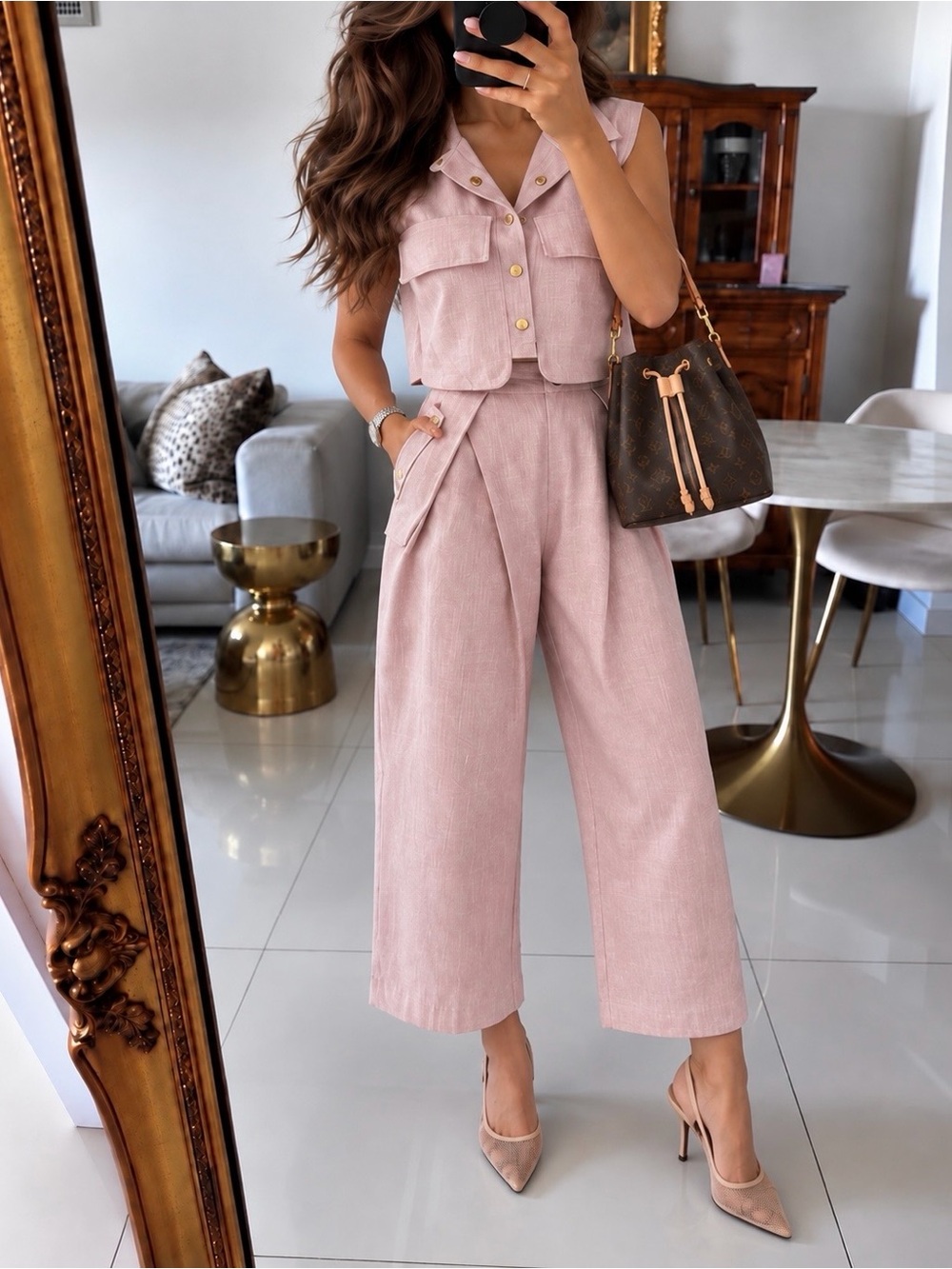 2 piece SET -Sleeveless Button collared shirt vest & Wide-Leg Pants light pink